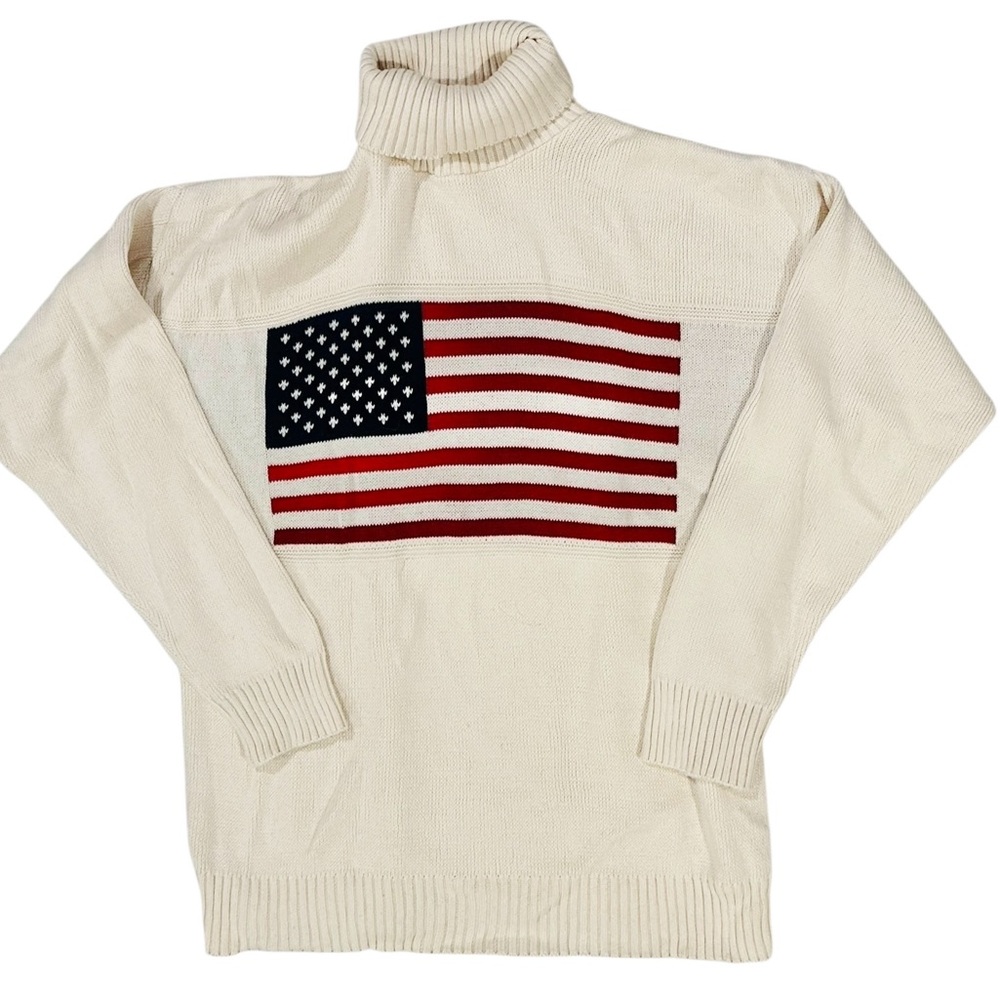 American Creations American Flag Cream Turtle Neck Sweater Oversized Large